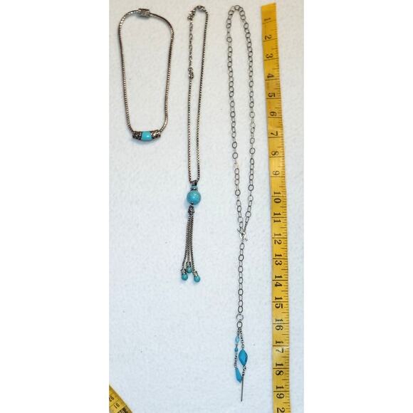 Lot 3 Faux Turquoise Necklaces Silvertone Choker Toggle Fringe Western Boho - Picture 3 of 10
